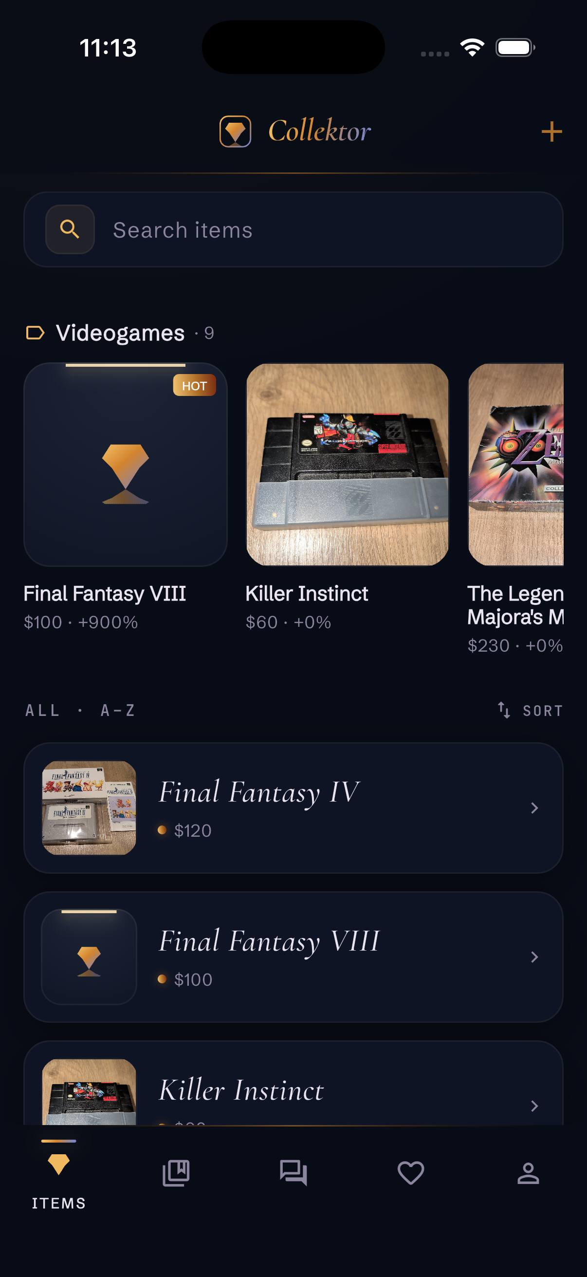 Items list grouped by category